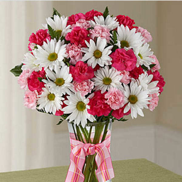 Vase of Pink Carnations, Daises And Mini Roses In A Vase