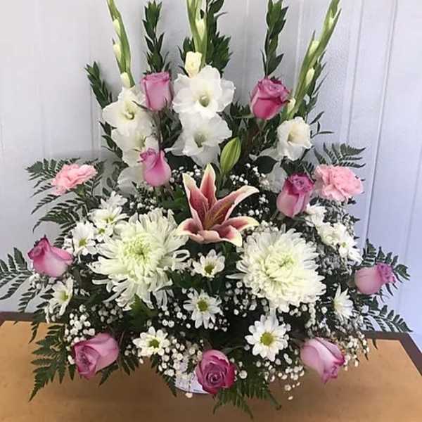 Lavender Roses and White Flowers Basket