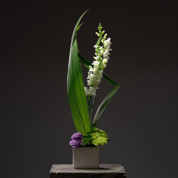 Tall floral arrangement with white blooms and green leaves in a square vase