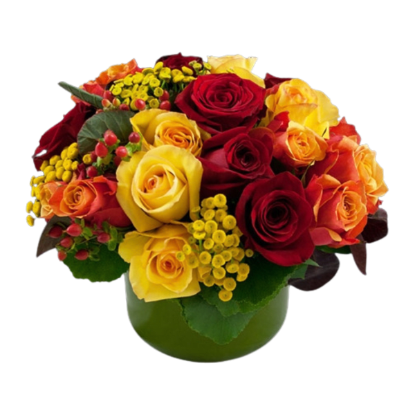 Bouquet of red and yellow roses in a green vase