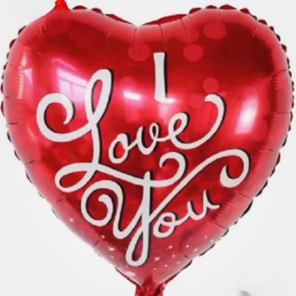 Red heart-shaped balloon with the words "I Love You"