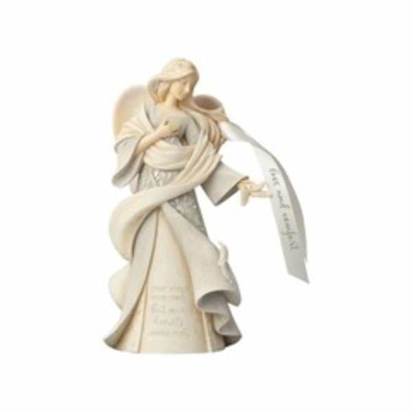 Angel figurine holding a ribbon on a white background