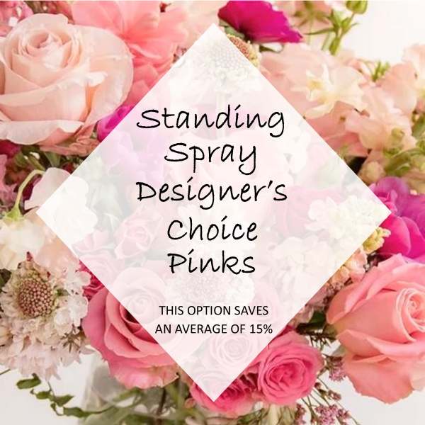 Pink rose standing spray with mixed blossoms and text overlay