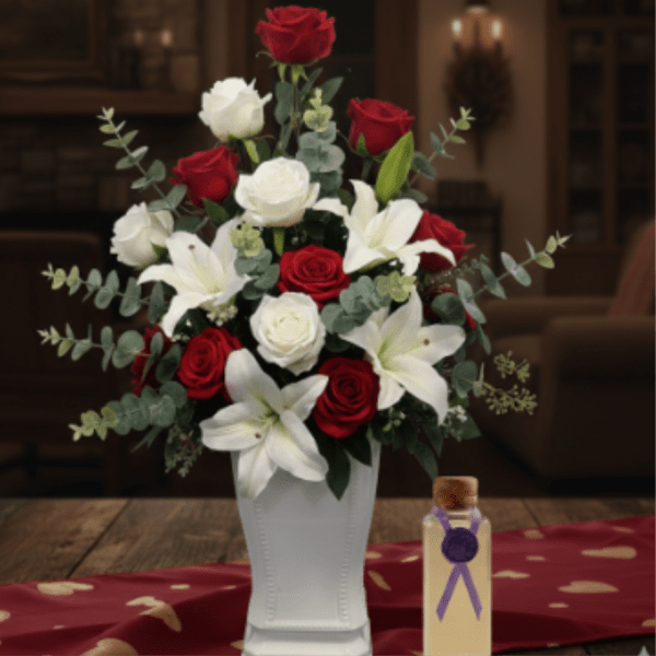 Tall arrangement of red and white roses with white lilies in a white vase beside a small gift bottle.