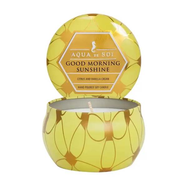 Yellow tin candle with lid labeled Good Morning Sunshine