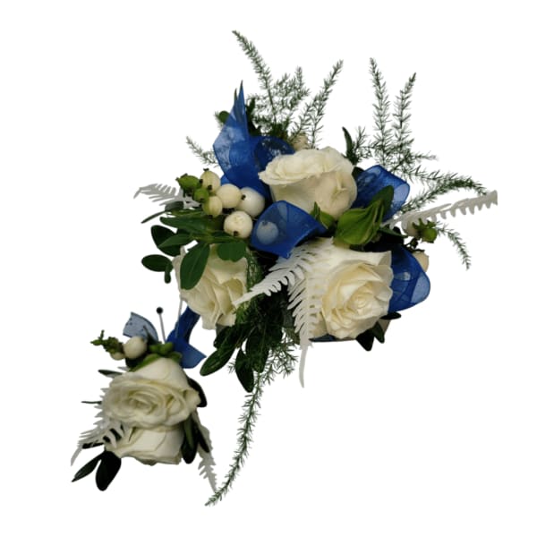 White rose bouquet with blue ribbon accents and greenery
