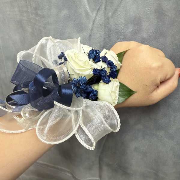Navy White spray roses corsage