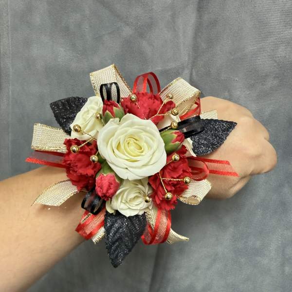 Red Gold Black White Spray Roses Corsage