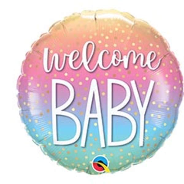 Round pastel balloon reading "welcome BABY"