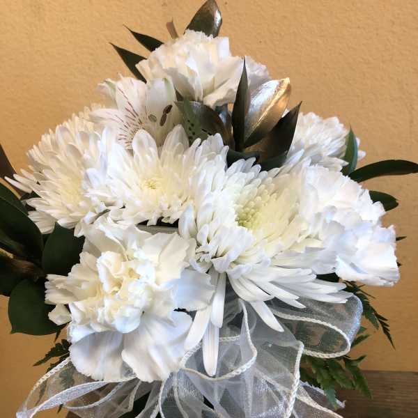 White chrysanthemum and carnation bouquet with a sheer ribbon bow