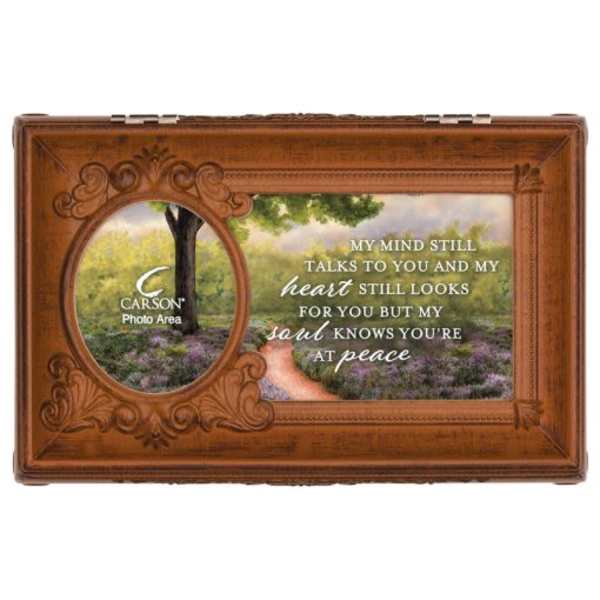 Wooden memorial frame with a landscape and sympathy message
