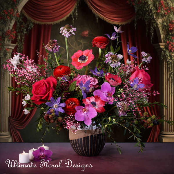 Large mixed bouquet with roses, orchids, and poppy-like blooms in a vase