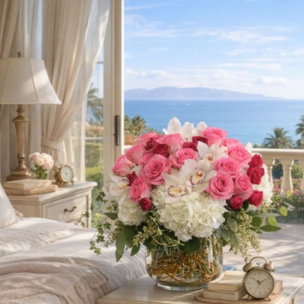 Pink and white floral arrangement in a glass vase on a bedside table