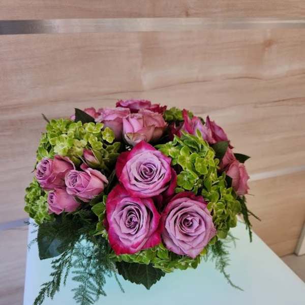 Low round arrangement of pink and lavender roses with green hydrangeas in a compact mound.