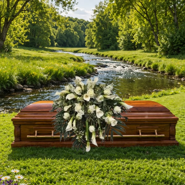 White rose and calla lily casket spray on a wooden coffin beside a grassy riverside