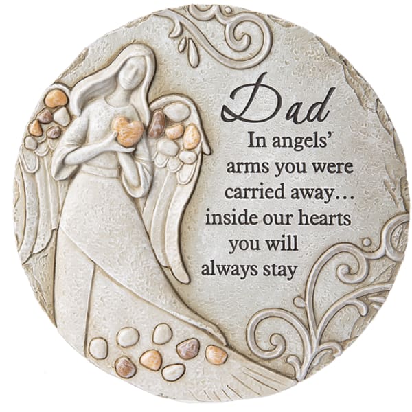 Round memorial plaque with an angel and the word Dad