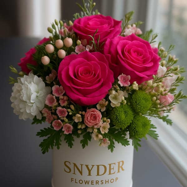Compact arrangement of hot pink roses and mixed blooms in a white Snyder Flowershop hatbox.