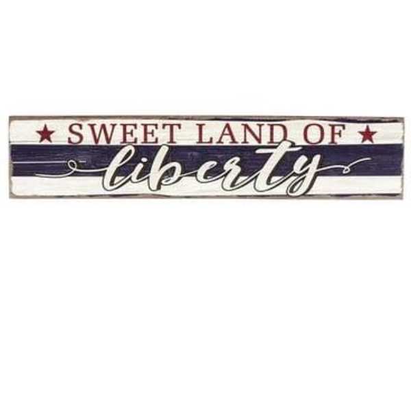 Rectangular patriotic wood sign reading 'Sweet Land of Liberty' in red, blue, and white lettering