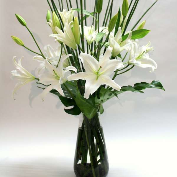 White lilies arranged in a tall glass vase with bamboo stems