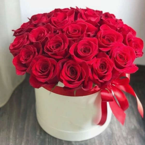 Round box of tightly arranged red roses with a red ribbon bow on a white container