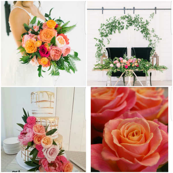 Collage of pink and orange rose arrangements, including a bridal bouquet and wedding decor.