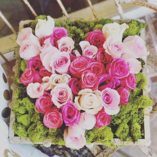 Heart-shaped box of pink and white roses with green moss trim