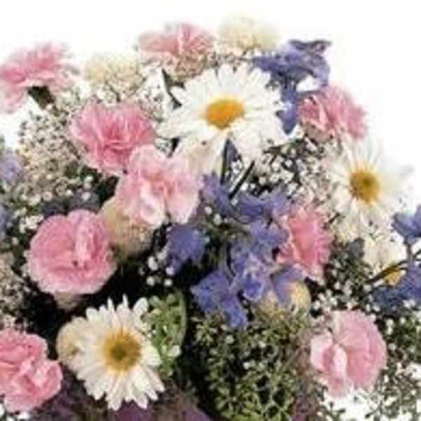 Mixed bouquet of pink, white, and purple flowers