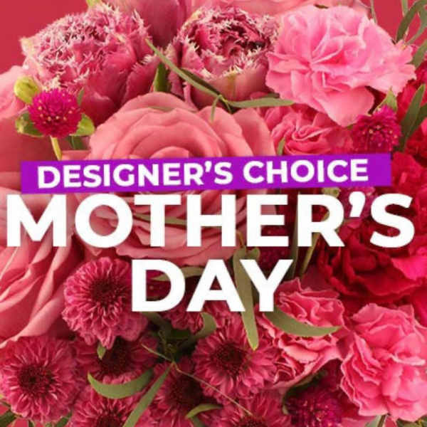 Pink floral arrangement with large text reading Mother's Day