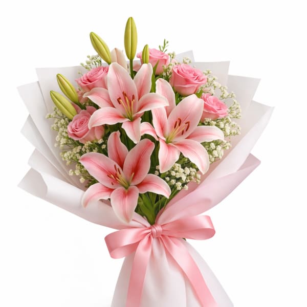 Pink lilies and roses in white wrapping with a pink ribbon