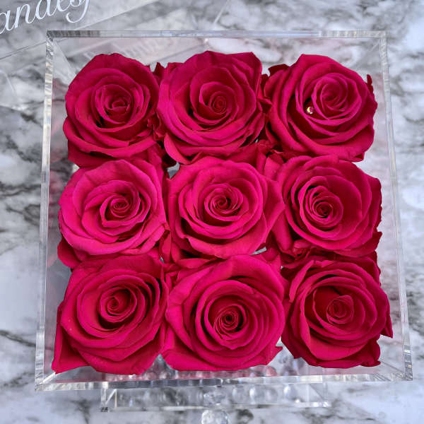 Nine hot pink roses arranged in a clear square box