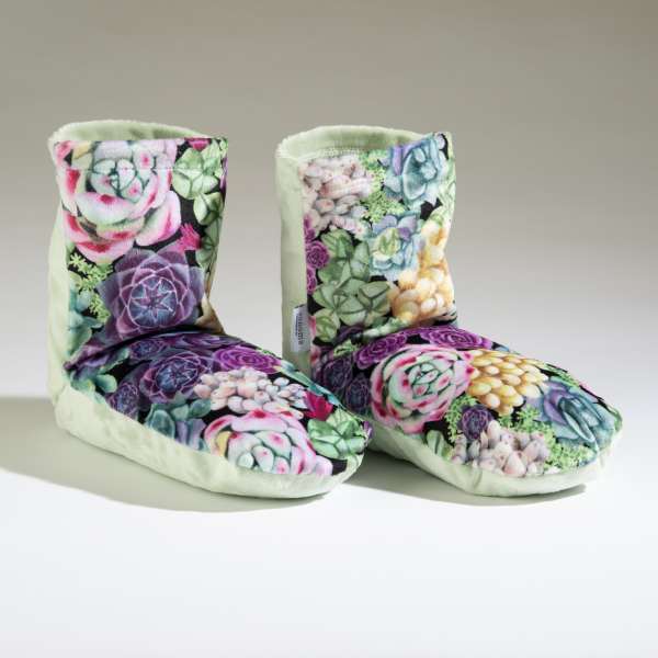 Pair of soft boot-style slippers with colorful succulent print