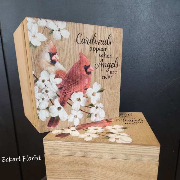 Wooden keepsake box with cardinal and white flower design