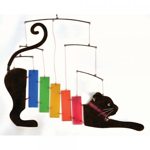 Black cat-shaped wind chime with rainbow-colored bars