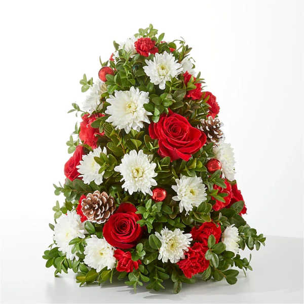 Cone-shaped floral arrangement with red roses, white daisies, and pinecones
