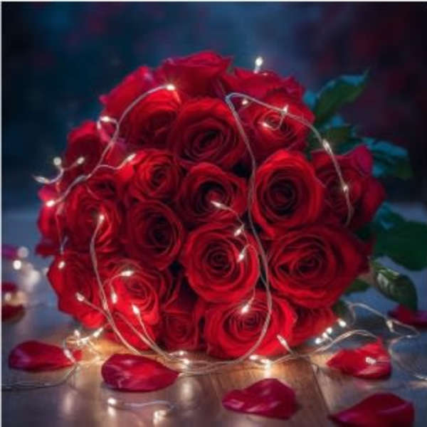 Round bouquet of red roses wrapped in string lights with scattered rose petals.