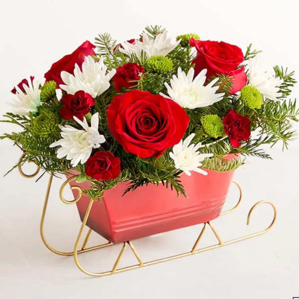 Red roses and white daisies in a pink sleigh planter