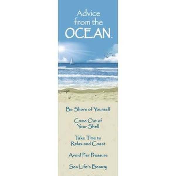 Tall ocean-themed bookmark with beach illustration and inspirational advice text.