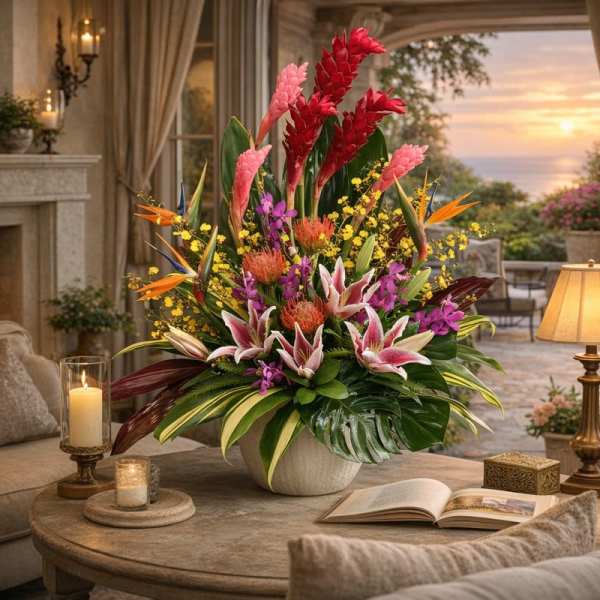 Tropical flower arrangement in a white vase on a table