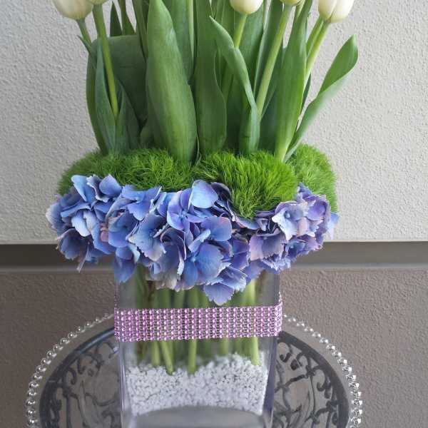 White and pale pink tulips in a clear square vase with blue hydrangeas