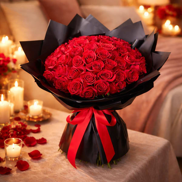 Bouquet of red roses wrapped in black paper with a red ribbon