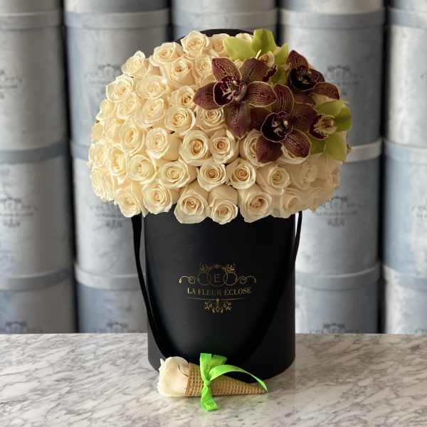 Cream rose bouquet in a black hat box with dark orchids and a green ribbon