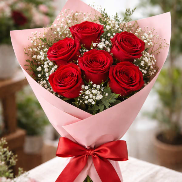 Bouquet of red roses wrapped in pink paper with a red ribbon