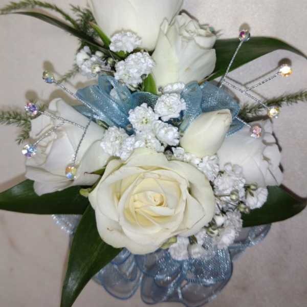 White rose bouquet with blue ribbon and crystal picks