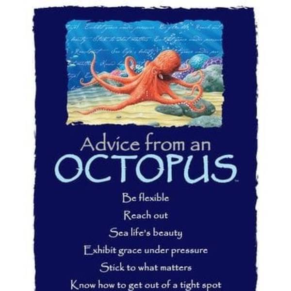 Navy blue inspirational poster with an orange octopus illustration and white advice text.