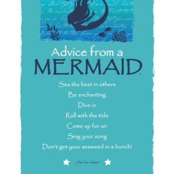 Turquoise mermaid-themed sign with advice text and undersea silhouette illustration