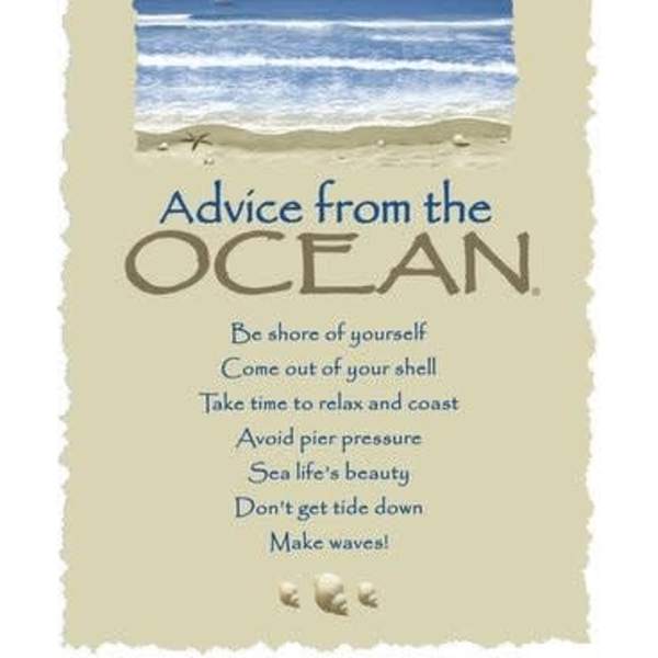 Beach-themed wall art with an ocean scene and blue inspirational text titled Advice from the Ocean.