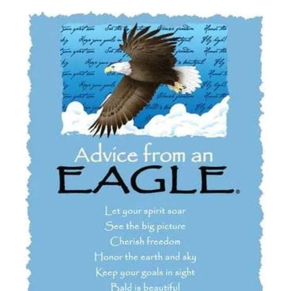Blue inspirational card featuring a flying bald eagle and the title 'Advice from an Eagle.'