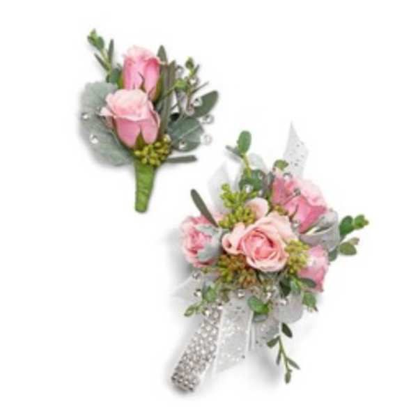 Pink rose boutonniere and matching wrist corsage with silver ribbon