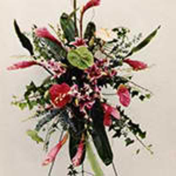 Tall tropical bouquet with pink and green flowers