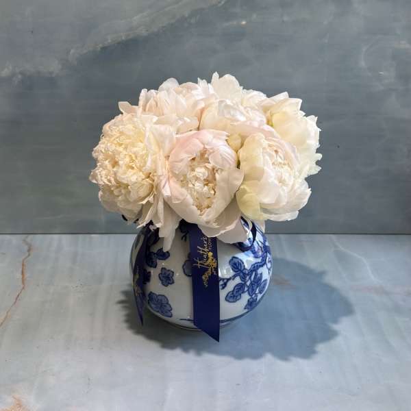 White peonies in a blue-and-white ceramic vase with a ribbon
